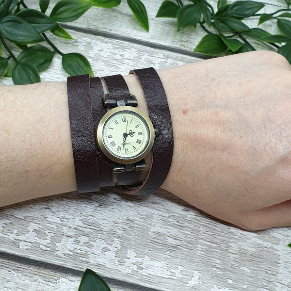 Brown leather wrap watch, unisex leather bracelet watch, unisex steampunk watch, brown leather watch, minimalist watch, fathers day gift