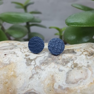 Leather stud earrings, navy blue earrings, geometric studs, minimalist studs, up cycled leather earrings, hypoallergenic earrings, dark blue