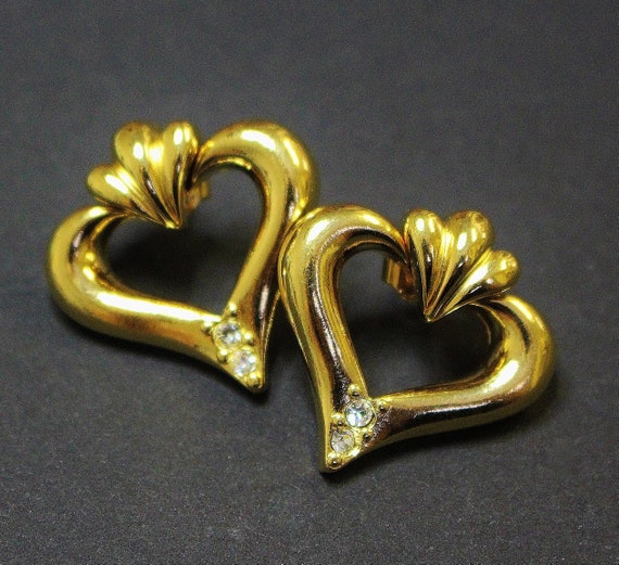 Vintage Earrings Heart Shape Pierced Gold Tone Da… - image 4