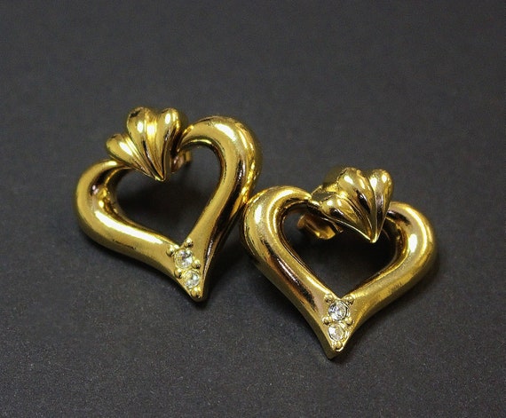 Vintage Earrings Heart Shape Pierced Gold Tone Da… - image 5