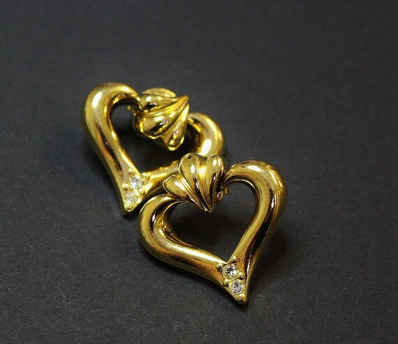 Vintage Earrings Heart Shape Pierced Gold Tone Da… - image 2