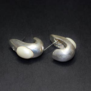 Vintage Earrings Pierced Half Curved Cup with Oval Faux Pearl and Tiny Ice Rhinestone Polished Matt Silver Tone Finish Unusual Style image 4