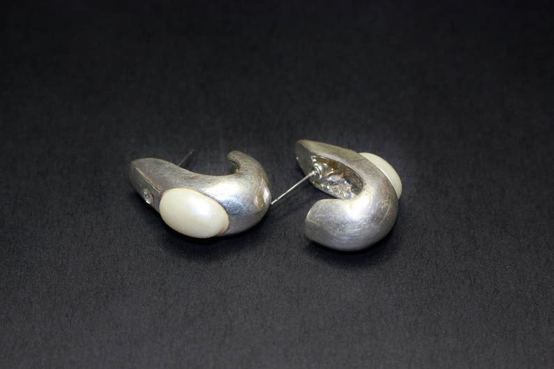 Vintage Earrings Pierced Half Curved Cup with Oval Faux Pearl and Tiny Ice Rhinestone Polished Matt Silver Tone Finish Unusual Style image 4