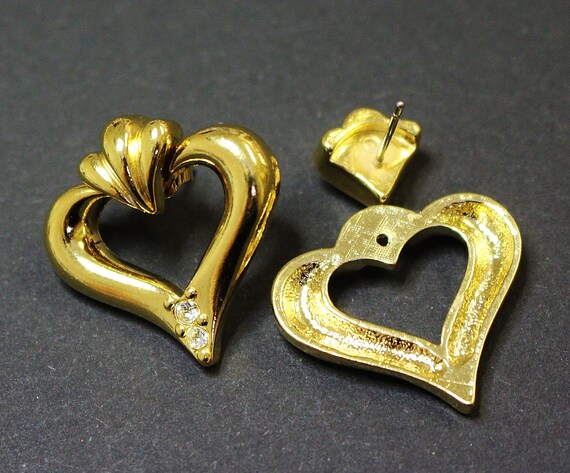 Vintage Earrings Heart Shape Pierced Gold Tone Da… - image 7