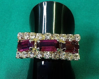 Vintage Adjustable Dress Ring S5.5 with Bar of Three Amethyst Baguette Cut Rhinestones and Row of Sparkling Ice Rhinestones Top and Bottom