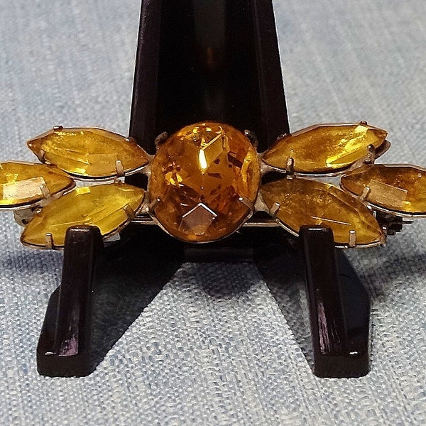 vintage Bar Style Broche Pin Jaune-Or Ambre Grand Centre Ovale et Navette Forme Pierres Revers Broche Porter Vertical ou Horizontal