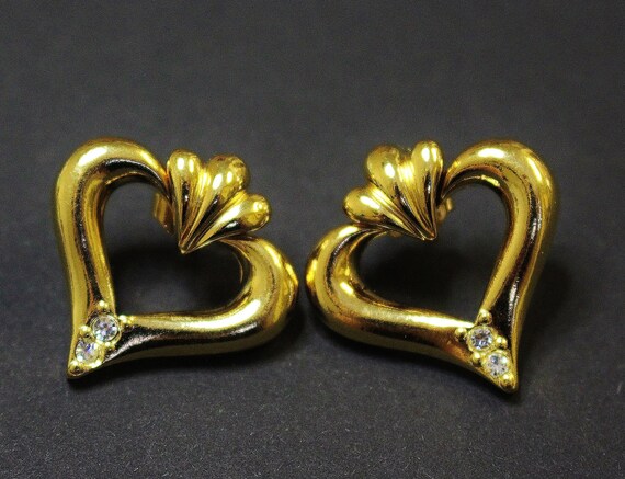 Vintage Earrings Heart Shape Pierced Gold Tone Da… - image 1