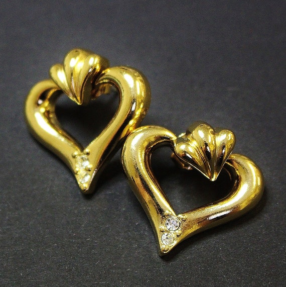 Vintage Earrings Heart Shape Pierced Gold Tone Da… - image 3