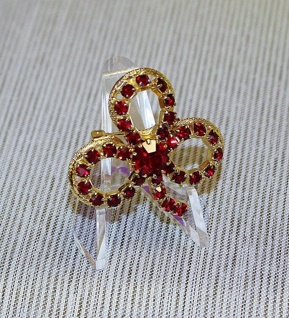 Vintage Brooch 3 Leaf Clover Dark Ruby Red Rhines… - image 6