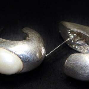 Vintage Earrings Pierced Half Curved Cup with Oval Faux Pearl and Tiny Ice Rhinestone Polished Matt Silver Tone Finish Unusual Style image 5