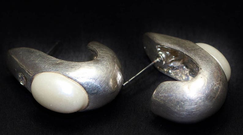 Vintage Earrings Pierced Half Curved Cup with Oval Faux Pearl and Tiny Ice Rhinestone Polished Matt Silver Tone Finish Unusual Style image 5