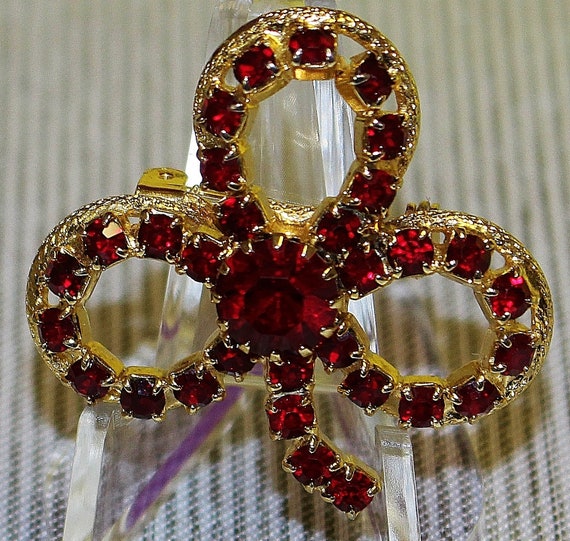 Vintage Brooch 3 Leaf Clover Dark Ruby Red Rhines… - image 2