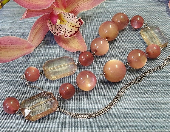 Vintage Necklace OOAK Translucent Smoky Pink Roun… - image 1