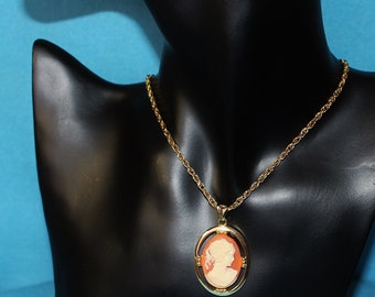 Vintage Necklace Oval Cameo Profile Acrylic set into Open Work Design Gold Tone Oval Frame with Flat Back Lovely Gold Tone Chain