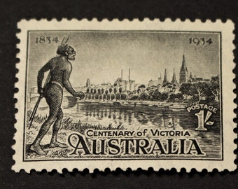 Vintage Australian Pre-Decimal Mint Stamp Centenary of Victoria 1934 1/- Black Exc For Collectors Craft Scrapbooking Art School Project 1022