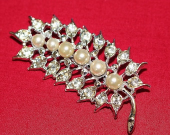 Vintage Brooch Feather or Leaf Design Row of Faux Pearls with Ice Rhinestones around Edges Open Work w Voids Sparkling Silver Tone