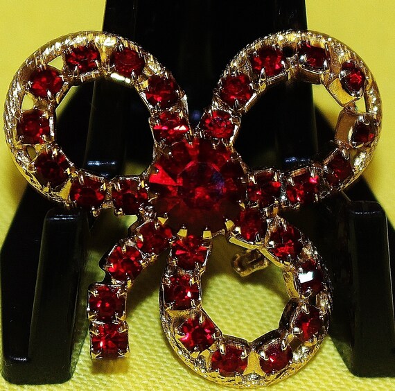 Vintage Brooch 3 Leaf Clover Dark Ruby Red Rhines… - image 7