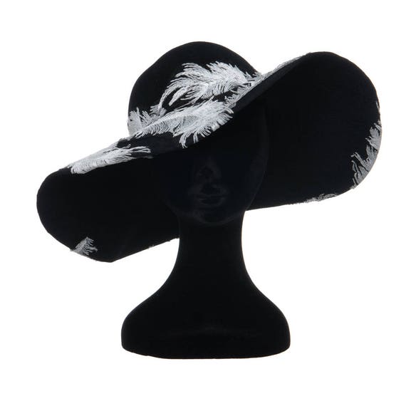 Head Turning Wide Brim 1960s Floppy Hat. Large Brim. Luxurious Quality Black Felt. Embroidered Feather Trim Etsy