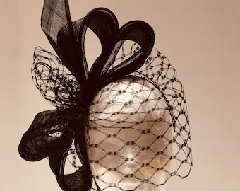 Stunning black birdcage veil Ascot races hat wedding hat. Cocktail percher hat fascinator