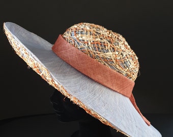 Posh wide brim sun hat. Upbrim hat denim blue multicolour. Wedding hat