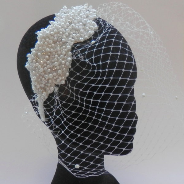 Pearl & diamante bridal headpiece with birdcage veil.  Art Deco look