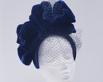 Sumptuous velvet with veiling cocktail hat on handmade halo band