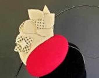 Fun Red Ivory & Black Button Percher Hat Hatinator Fascinator in Felt with Polka Dot Quill Trim Detail