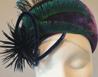 Purple Velvet Halo Headband Headpiece Fascinator Hat Peacock Sword Feather and Navy Trim Ideal Mother of the Bride Groom Winter Wedding  Hat