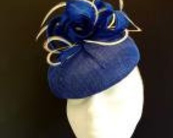 Sinamay Straw Beret Perch Pillbox Classic Wedding Races Hat with Feathers in any colour (such as navy black red blue pink green brown grey