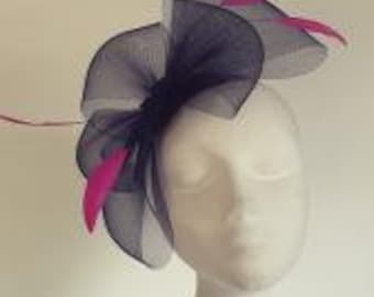 Navy Crin Bow Fascinator Headpiece with  Cerise Pink Feathers Wedding Hats Mother of the Bride  Made to Order - Colour of your choice