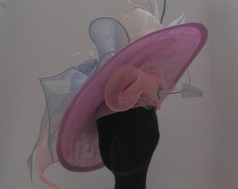 Flamboyant "My Fair Lady" style hat  incorporating sinamay swirls, feathers, veiling, silk rose features
