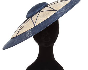 Dramatic light navy and natural paris pancake "wheel" hat.  Ideal statement wedding hat or hat for the races.