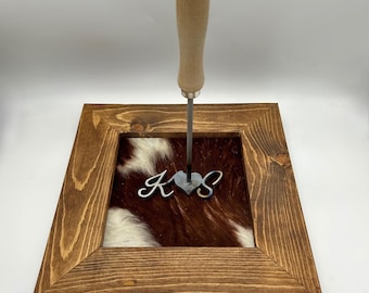 Cowhide Wedding Frame and Custom Heart Branding Iron with Script Initials - Personalized for Country Weddings and Ceremonies