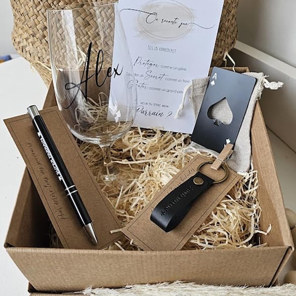 Personalized Beer Glass Godfather Box - Bottle Opener, Pen and Leather Keyring