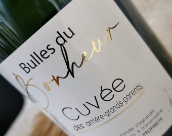 Great-grandparents pregnancy announcement. “Bulles du Bonheur” label for bottle of sparkling wine/champagne/prosecco/cava