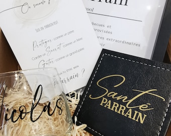 Coffret Parrain verre à whisky/rhum personnalisé - sous-verre en marbre et cadre