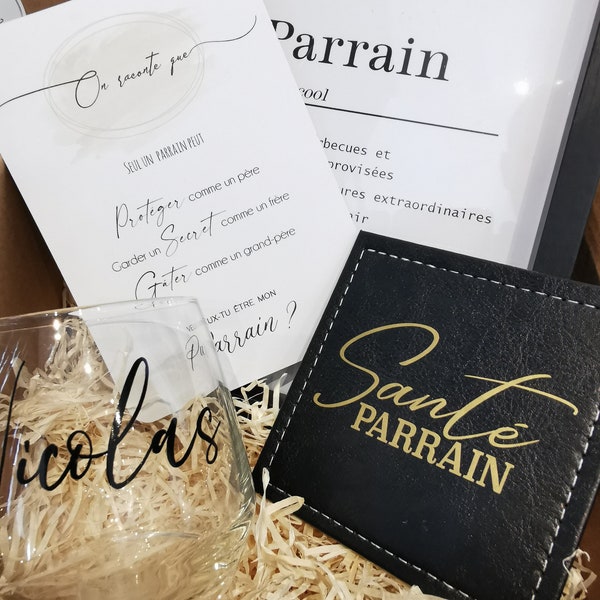 Coffret Parrain verre à whisky/rhum personnalisé - sous-verre en marbre et cadre