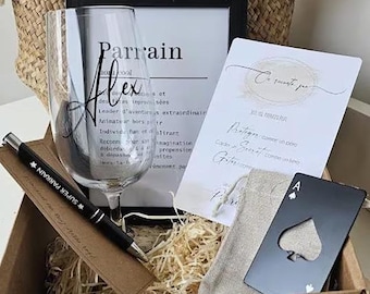 Coffret Parrain verre à bière personnalisé - décapsuleur et cadre