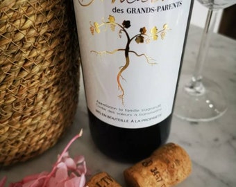 Pregnancy announcement. Wine bottle label "Domaine des Grands-parents"