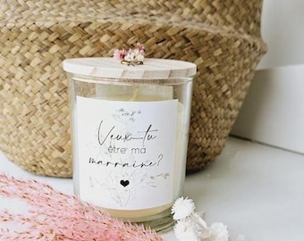 Bougie + couvercle en bois - Demande Veux-tu être ma marraine ?