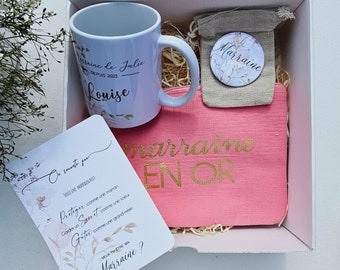 Coffret cadeau Marraine mug personnalisé, miroir, pochette et carte