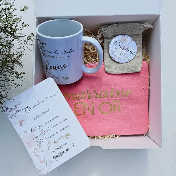 Coffret cadeau Marraine mug personnalisé, miroir, pochette et carte