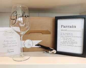 Coffret Parrain verre à vin personnalisé - sommelier et cadre