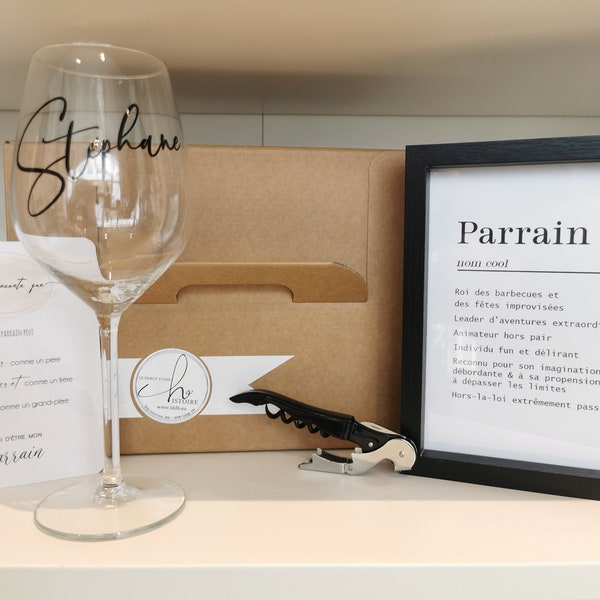 Coffret Parrain verre à vin personnalisé - sommelier et cadre