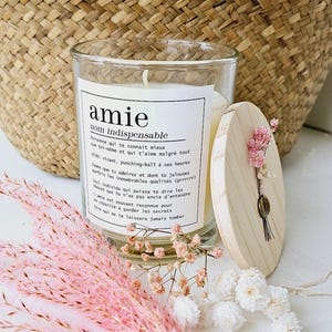 Bougie + couvercle en bois - le vrai sens du mot amie / soeur de coeur