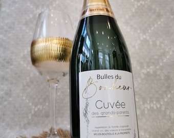 Anuncio de embarazo de abuelos. Etiqueta “Bulles du Bonheur” para botella de vino espumoso/champán/prosecco/cava