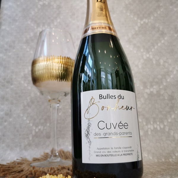 Anuncio de embarazo de los abuelos. Etiqueta "Bulles du Bonheur" para botella de vino espumoso/champán/prosecco/cava