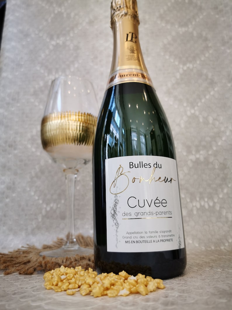 Ankündigung der Schwangerschaft der Großeltern. Bulles du BonheurEtikett für eine Flasche Sekt/Champagner/Prosecco/Cava Bild 1