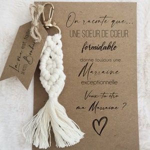 Carte demande marraine personnalisable pour une soeur de coeur + porte-clé en Macramé