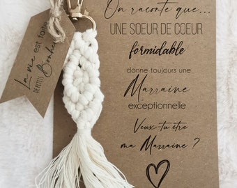 Carte demande marraine personnalisable pour une soeur de coeur + porte-clé en Macramé